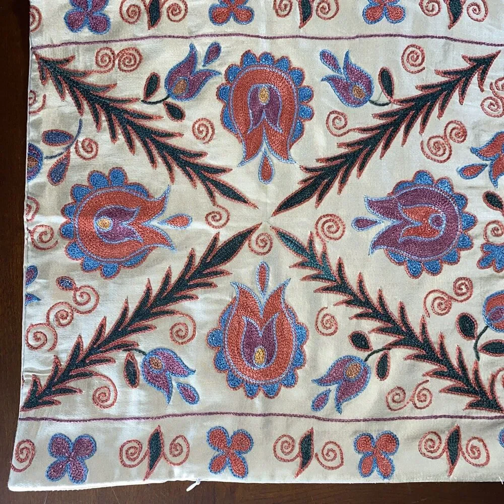 Handmade Embroidered Pillow Cover 3D Bright Floral Vine 17 X 34.5” Boho Cottage